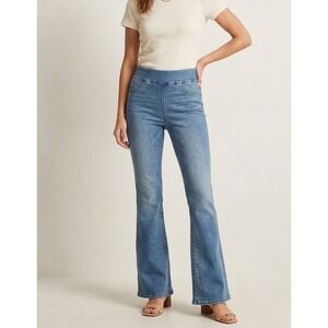 American Eagle Pull On High Rise Flare Jeans Medium Wash Blue Size M Long